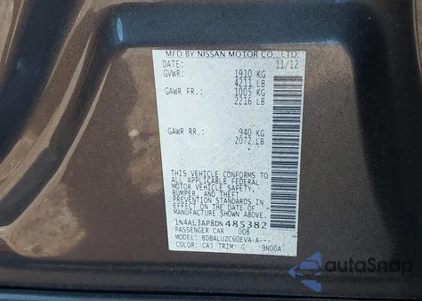 2013 Nissan Altima 2.5 Sv z USA, uszkodzony, nr VIN 1N4AL3AP8DN485382